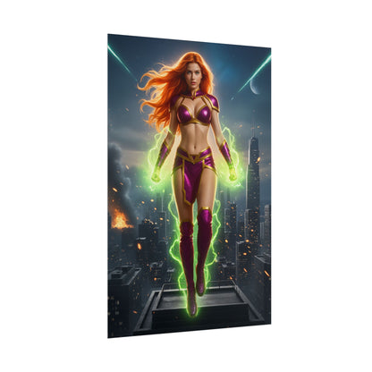 Starfire Poster, Teen Titans Art Print, Iconic Alien Hero Wall Decor — radiant Starfire flying over city with green energy and bold comic-book colors