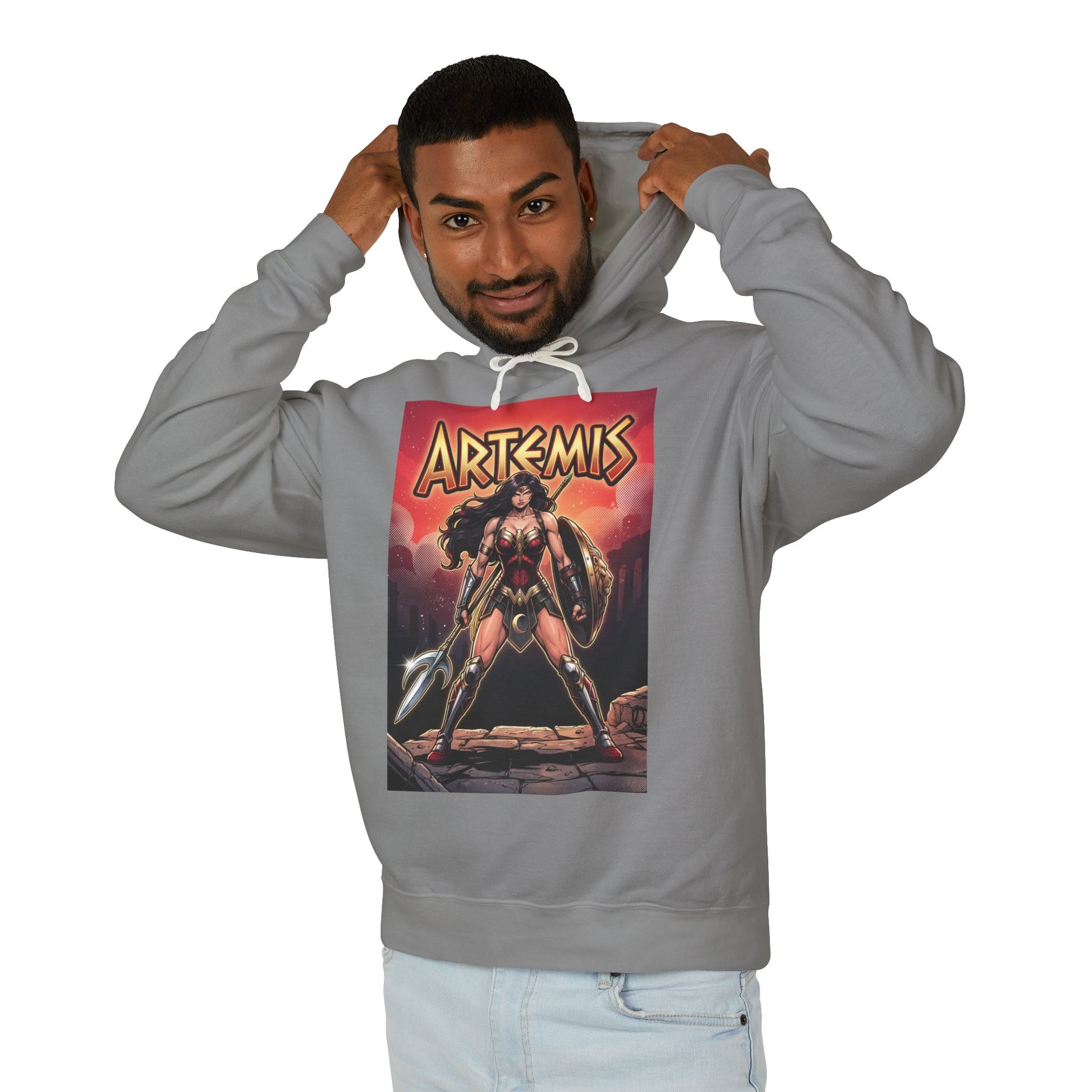 Artemis Hoodie | DC Superhero Hoodie | Amazon Battle Queen Pullover — model wearing gray streetwear pullover with bold Artemis warrior graphic