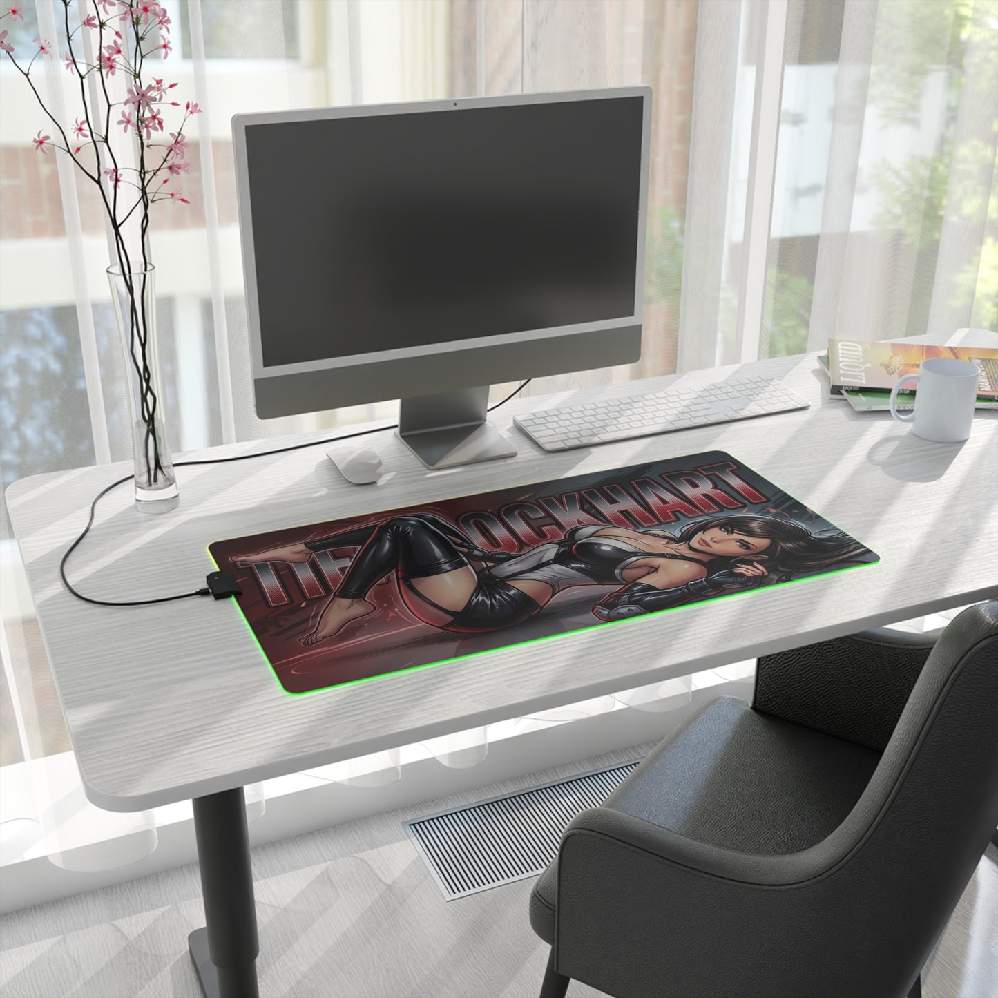Tifa Lockhart RGB Desk Mat, Final Fantasy Gaming Mouse Pad, LED Desk Mat for Gamer Setup on a modern white desk with green RGB glow