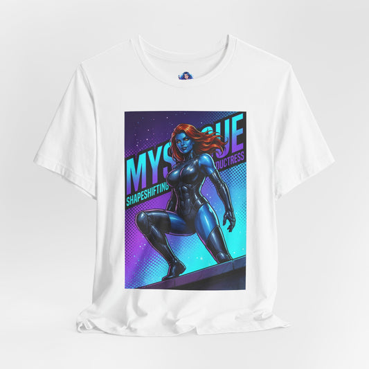 Mystique T-Shirt | Marvel X-Men Anime Tee for Gamers & Fans showcasing stylized blue Mystique illustration on white Bella Canvas 3001 unisex tee