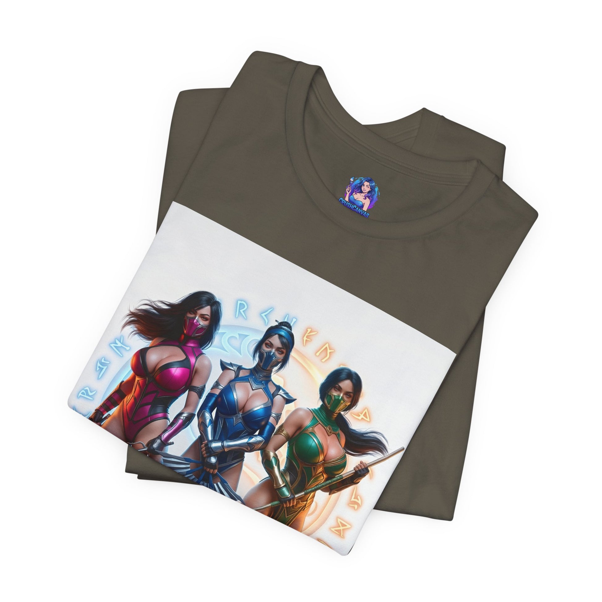 Kitana Jade and Mileena T-Shirt | Mortal Kombat Anime Tee for Gamers & Fans — folded tee showing anime-style Kitana, Jade, Mileena trio print