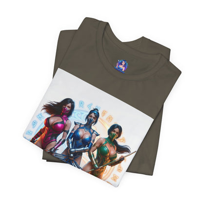 Kitana Jade and Mileena T-Shirt | Mortal Kombat Anime Tee for Gamers & Fans — folded tee showing anime-style Kitana, Jade, Mileena trio print