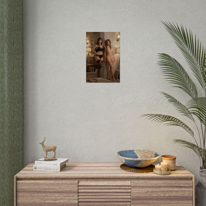 Tifa Aerith Poster, Final Fantasy VII Art Print – Collector RPG Wall Art on neutral living room wall above wooden console, gamer room decor