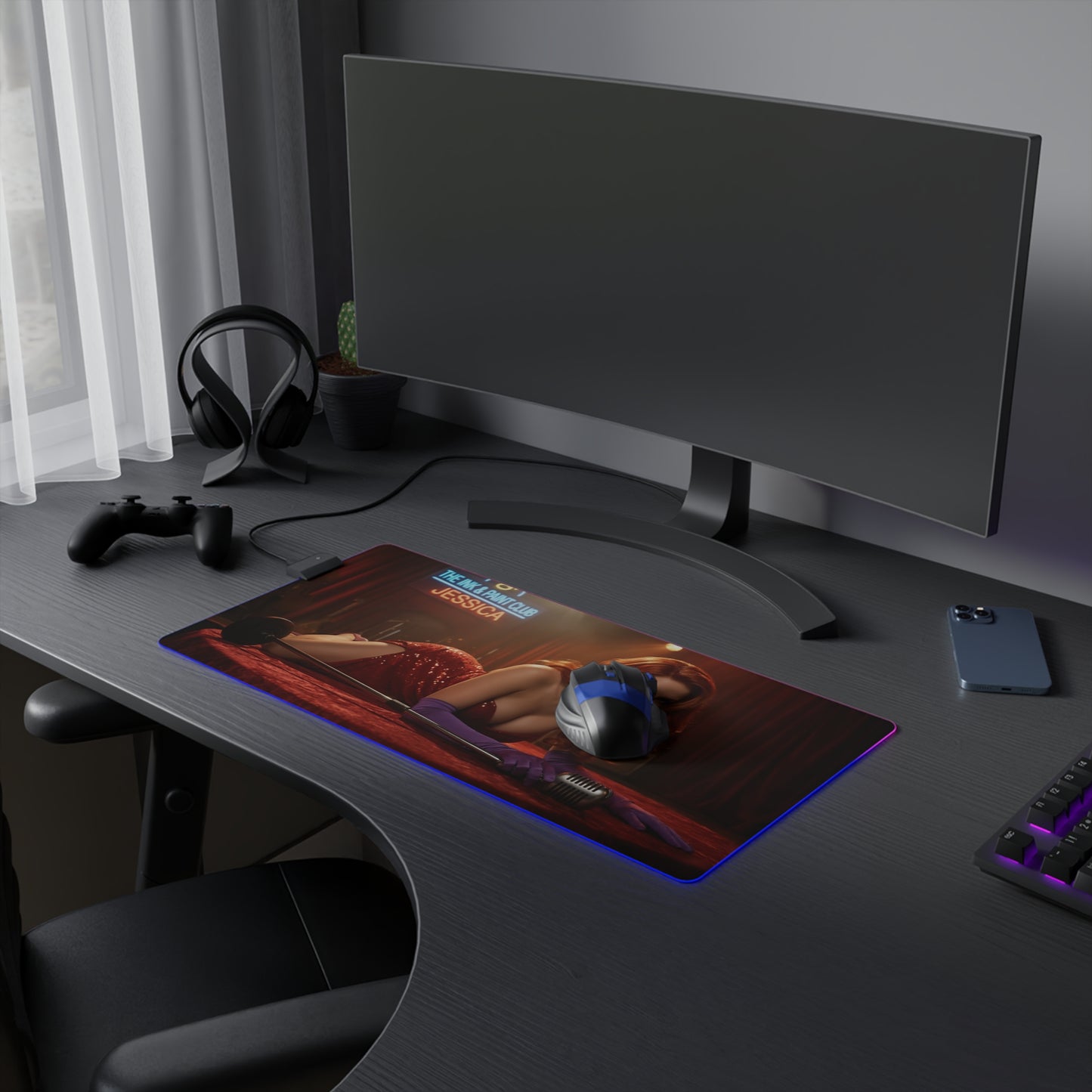 Jessica Rabbit Desk Mat – LED RGB Pad, Waifu Anime Girl Setup on modern gaming desk with RGB glow, precision-cloth surface and mouse