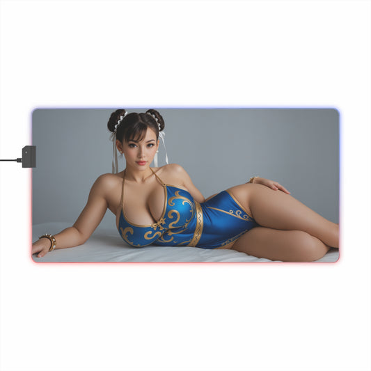 Chun-Li Desk Mat – LED RGB Pad, Waifu Anime Girl Gaming Setup featuring reclining Chun-Li inspired character on RGB-lit large mouse pad