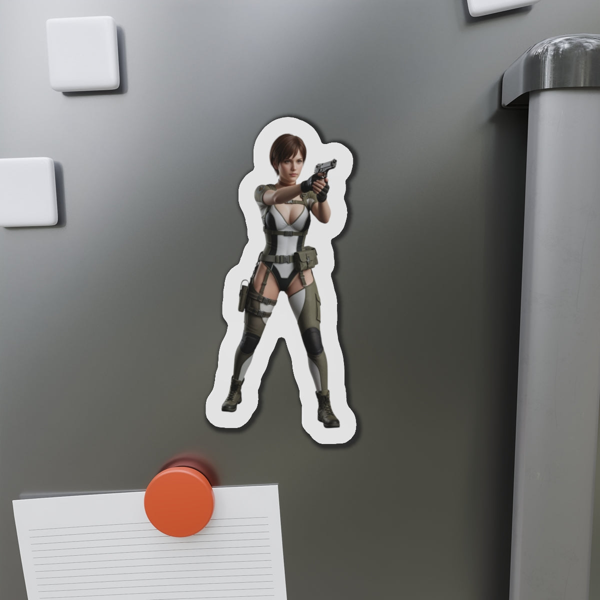 Rebecca Chambers Magnet – Resident Evil Heroine Fridge Magnet, Game Decor die-cut vinyl fridge magnet showing anime-style Rebecca Chambers aiming a handgun