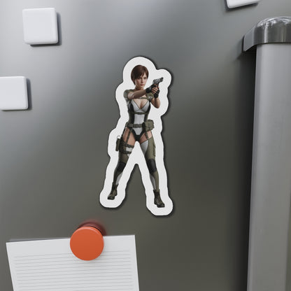 Rebecca Chambers Magnet – Resident Evil Heroine Fridge Magnet, Game Decor die-cut vinyl fridge magnet showing anime-style Rebecca Chambers aiming a handgun