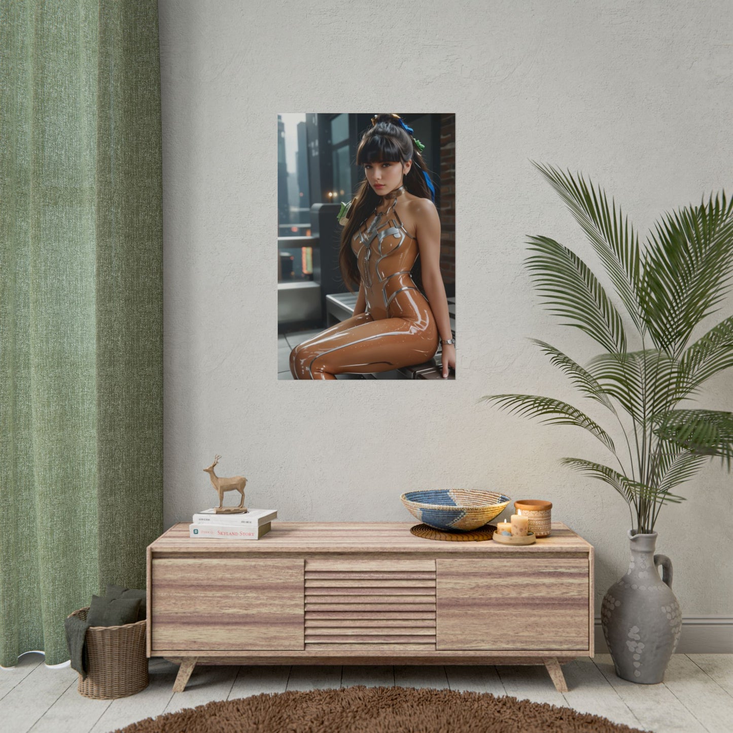 EVE Stellar Blade Wall Art – Sci-Fi Heroine Poster, Great Gift for Gamers poster showing futuristic heroine in glossy suit displayed over console
