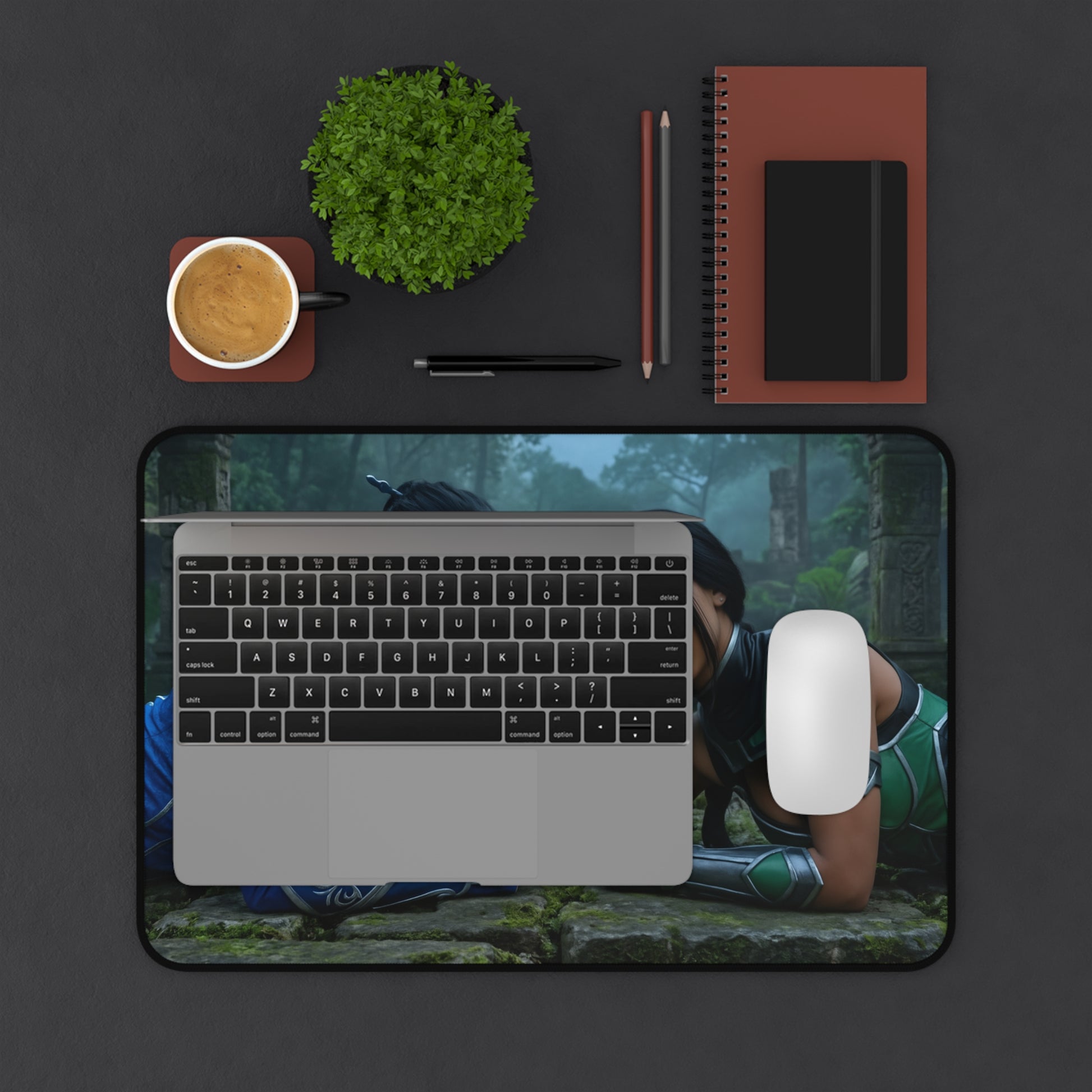 Kitana and Jade Gaming Mouse Pad, Mortal Kombat Desk Mat, Edenian Fighters Setup — premium desk mat with Kitana and Jade artwork under laptop and mouse