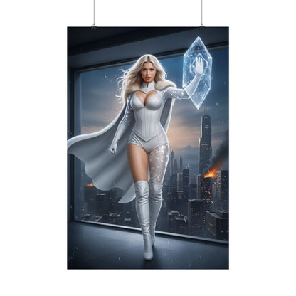Emma Frost Poster, Marvel X-Men Art Print, Iconic Telepath Hero Wall Decor - striking telepathic pose in white costume over city skyline
