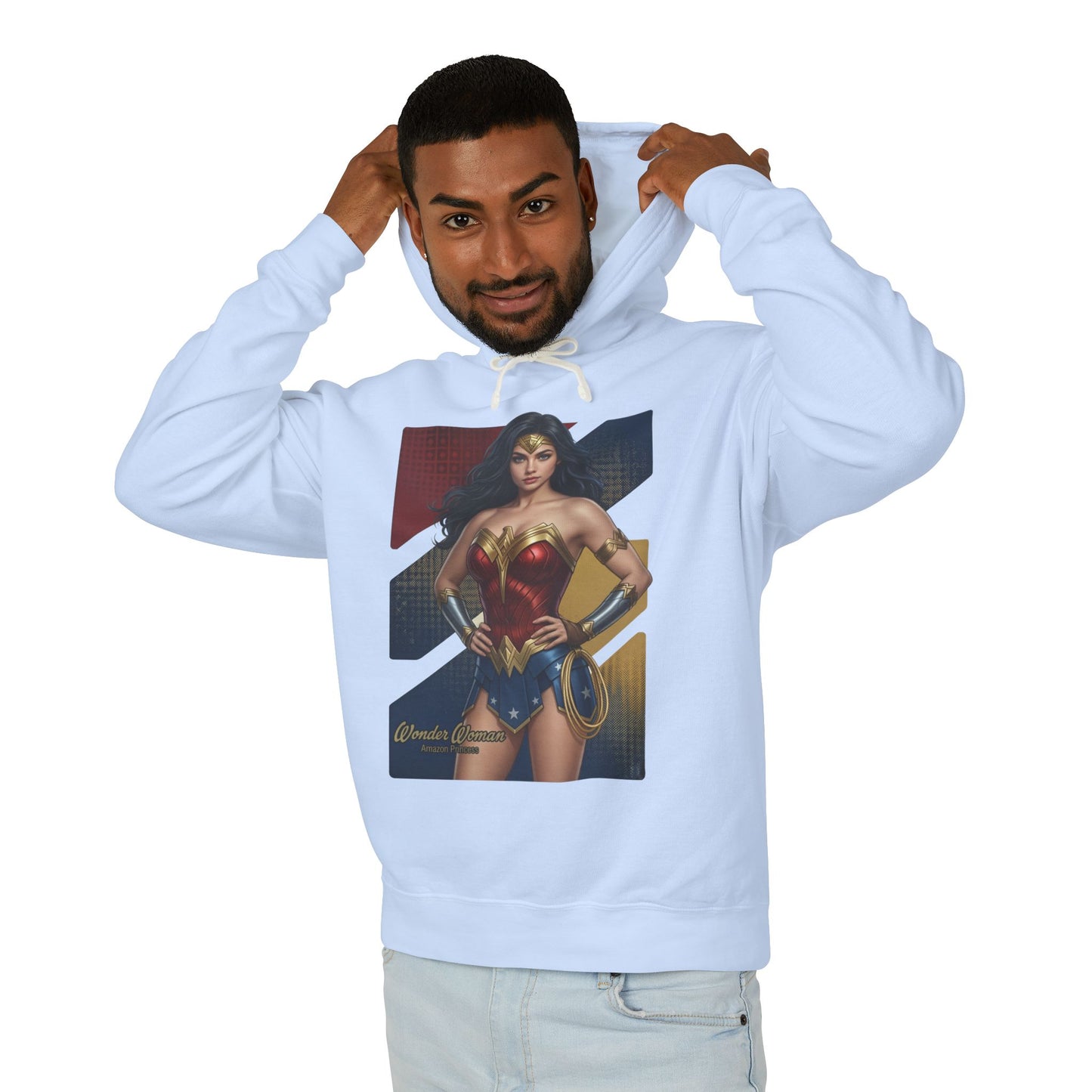 Wonder Woman Hoodie | DC Comics Hoodie | Anime Warrior Goddess Pullover man wearing light blue pullover with anime-style Wonder Woman graphic