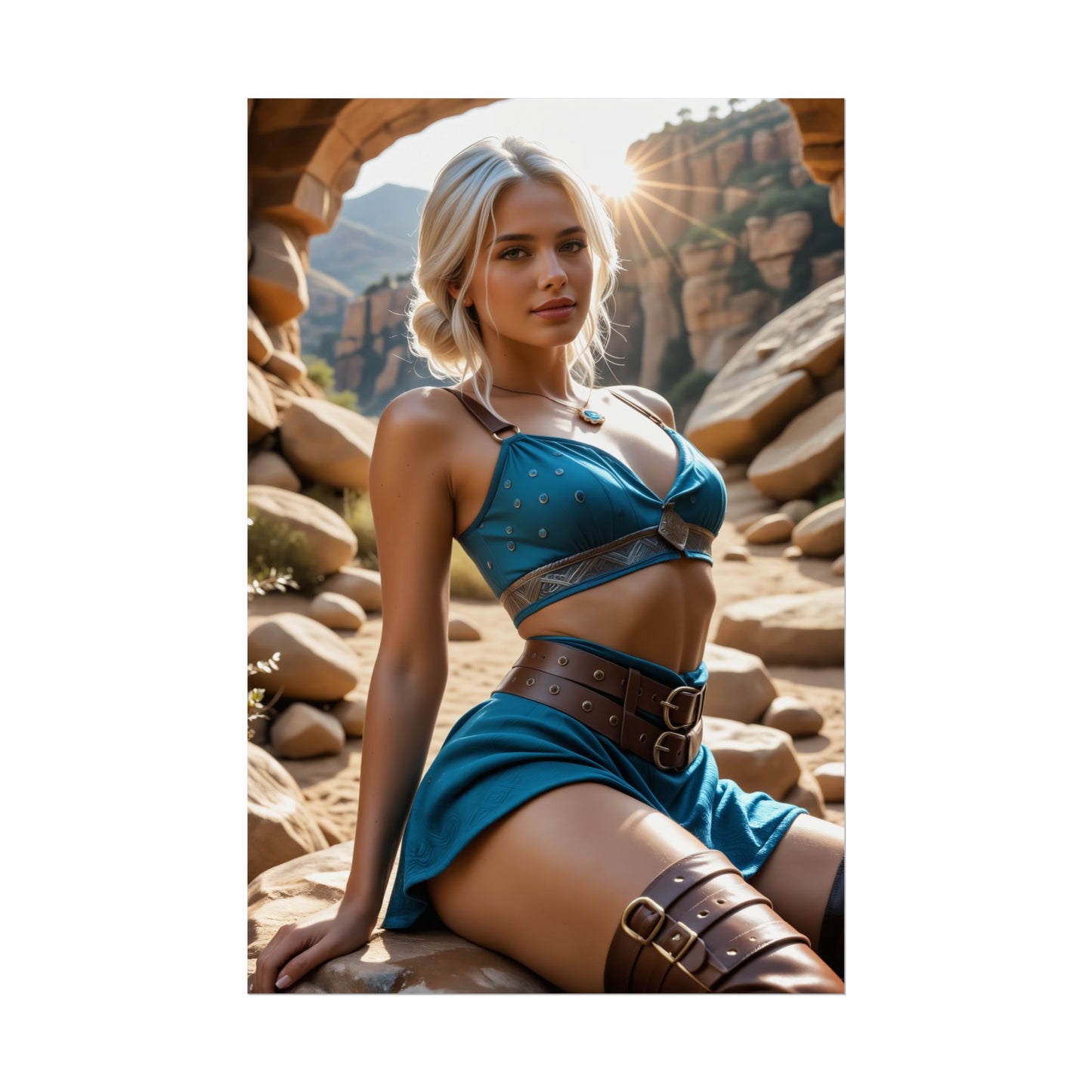 Ciri Fantasy Poster – Elegant Heroine Wall Art for Bedroom or Studio Decor, blonde heroine in blue outfit seated on rocky desert arch