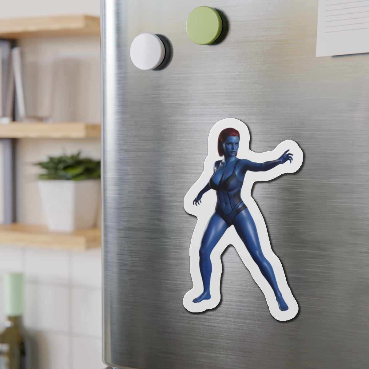 Mystique Magnet – Marvel Mutant Fridge Magnet, Anime Style Decor die-cut vinyl magnet showing Mystique anime-style on stainless steel fridge