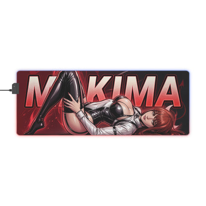 Makima RGB Desk Mat, Chainsaw Man Gaming Mouse Pad, LED Desk Mat for Anime Setup featuring Makima illustration with intense red tones and RGB edge lighting