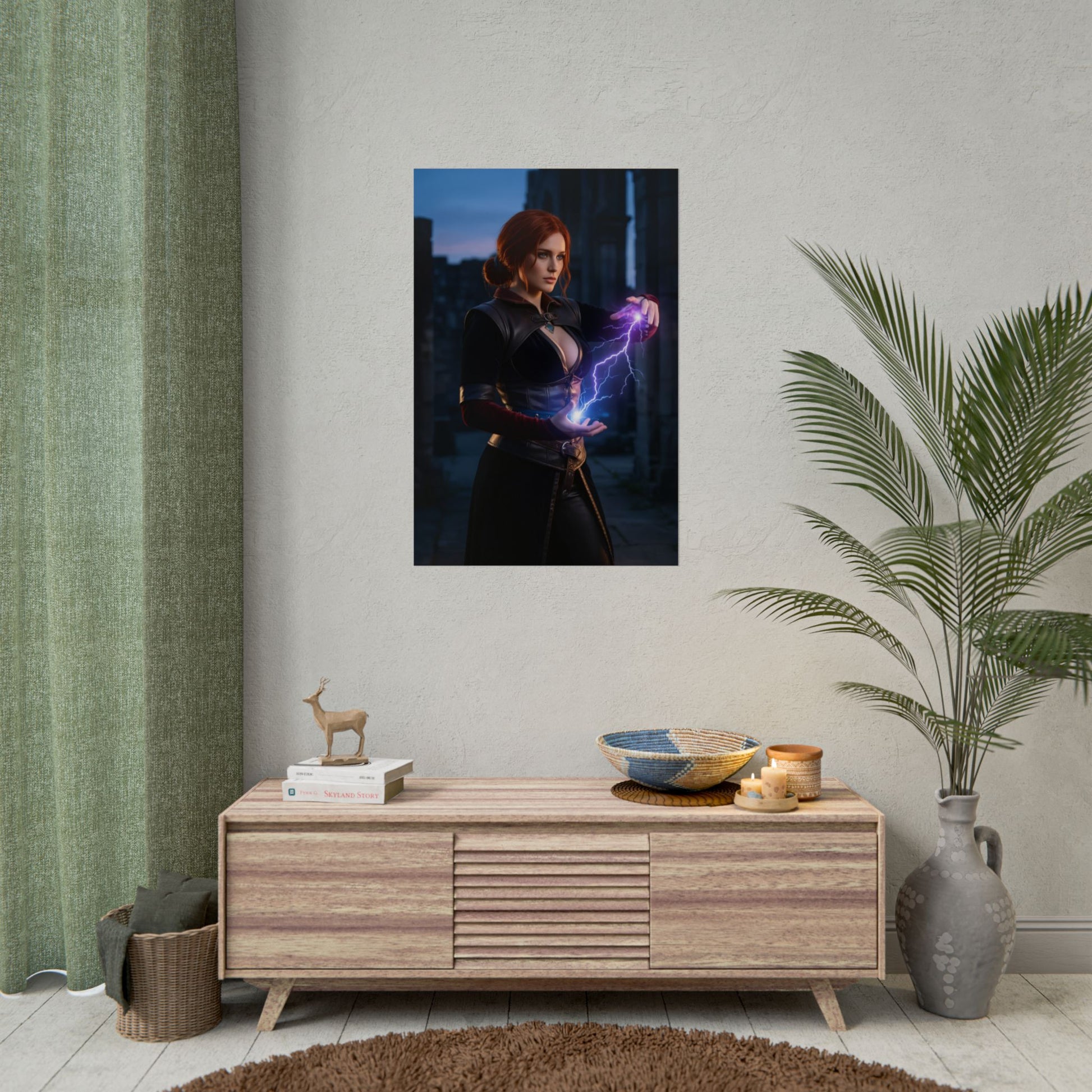 Triss Merigold Poster, The Witcher Art Print – Iconic Mage Heroine Wall Art featuring Triss casting purple magic in a gamer room decor