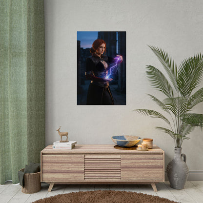 Triss Merigold Poster, The Witcher Art Print – Iconic Mage Heroine Wall Art featuring Triss casting purple magic in a gamer room decor