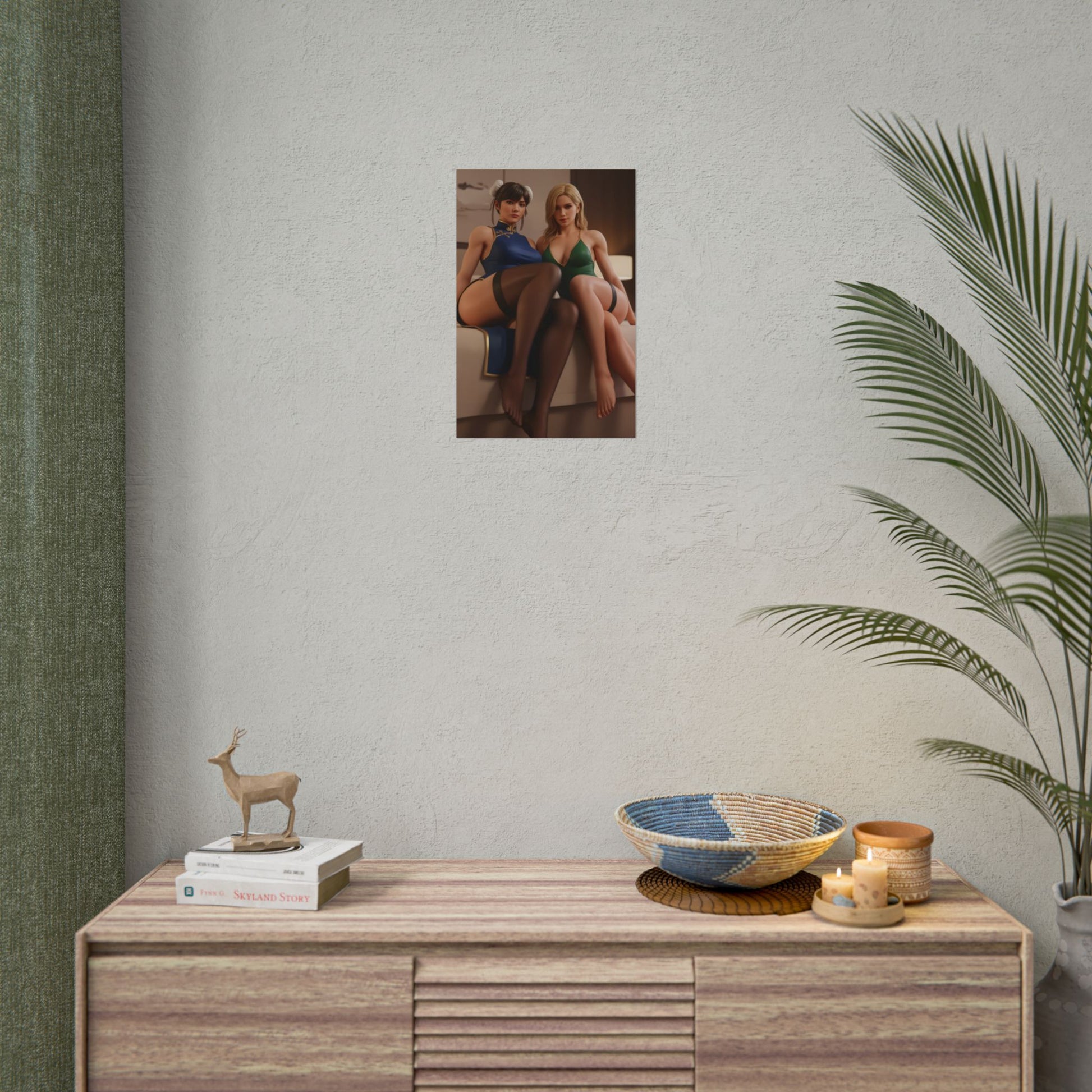 Chun-Li and Cammy White Poster, Street Fighter Art Print – Iconic Fighters on wall above dresser in modern gamer room