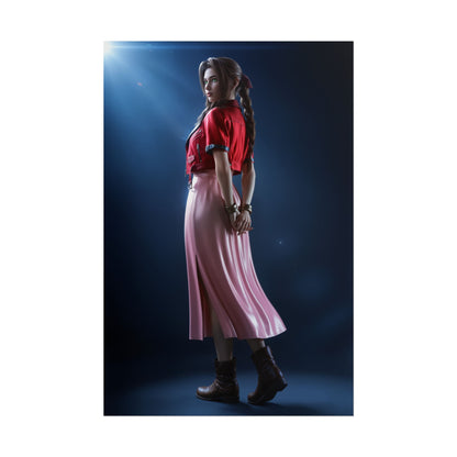 Aerith Final Fantasy Poster – Iconic RPG Heroine Wall Art for Gamer Decor, high-res poster of Aerith in pink skirt and red jacket
