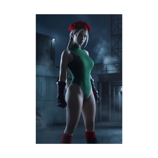 Cammy Poster, Street Fighter Art Print – Iconic Fighting Game Heroine, ultra-high resolution semi-gloss wall art of Cammy in green leotard and red beret