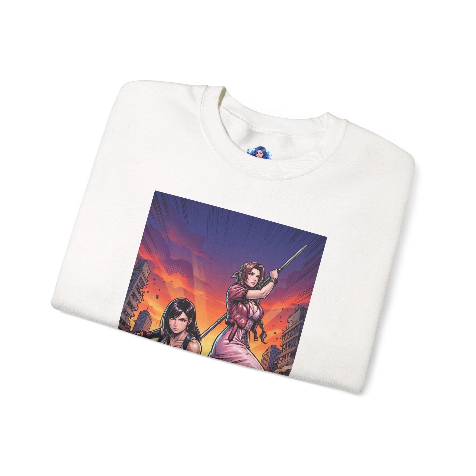 Tifa Lockhart & Aerith Gainsborough Sweatshirt, Game Character Art, Premium Fan Apparel – folded white crewneck with cinematic battle-ready illustration