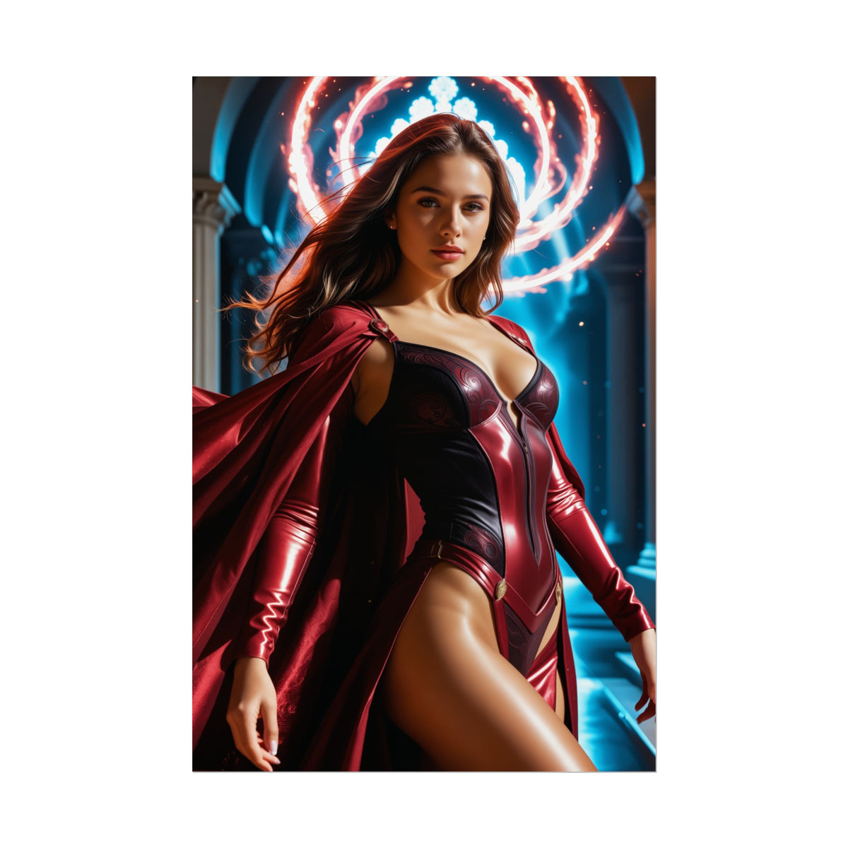 Scarlet Witch Artwork  Dramatic Heroine Poster for Stylish Home Decor; bold high-res poster of Scarlet Witch in red costume with magical halo