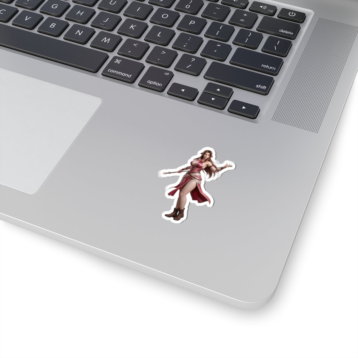 Aerith Sticker – Fantasy Game Vinyl Sticker for Laptops & Indoor Decor on silver laptop corner, glossy durable vinyl, vibrant print and strong adhesive