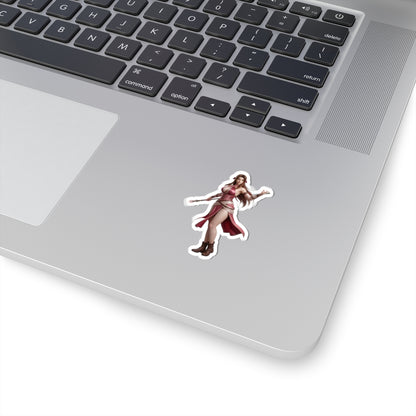 Aerith Sticker – Fantasy Game Vinyl Sticker for Laptops & Indoor Decor on silver laptop corner, glossy durable vinyl, vibrant print and strong adhesive