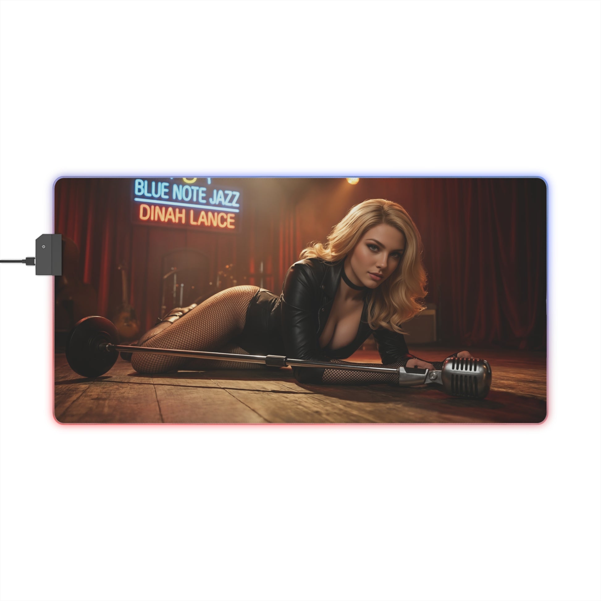 Black Canary Desk Mat – LED RGB Pad, Waifu Hero Anime Girl Setup featuring femme hero on stage with microphone and RGB glow