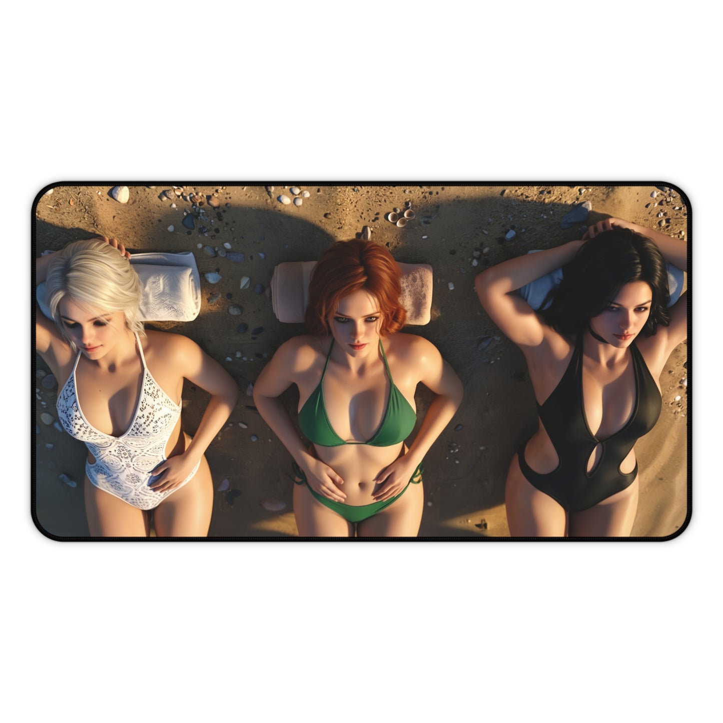 Ciri Triss Yennefer Gaming Mouse Pad, Witcher Desk Mat, Fantasy Heroine Setup — beach-themed trio art on premium gaming mouse pad
