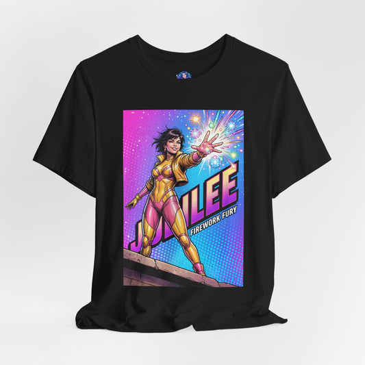 Jubilee T-Shirt | Marvel X-Men Anime Tee for Gamers & Fans - vibrant Jubilee comic pose with fireworks-style mutant powers on black Bella Canvas tee