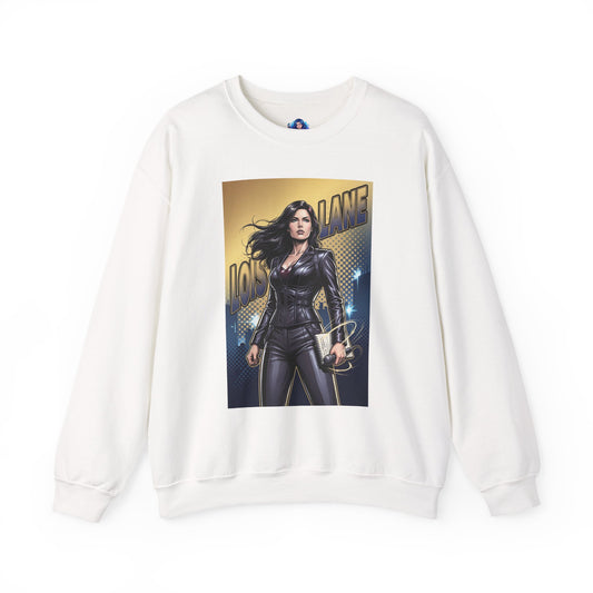 Lois Lane Sweatshirt, DC Comics Character Art, Premium Fan Apparel - white crewneck featuring Lois with notebook and microphone comic-style art