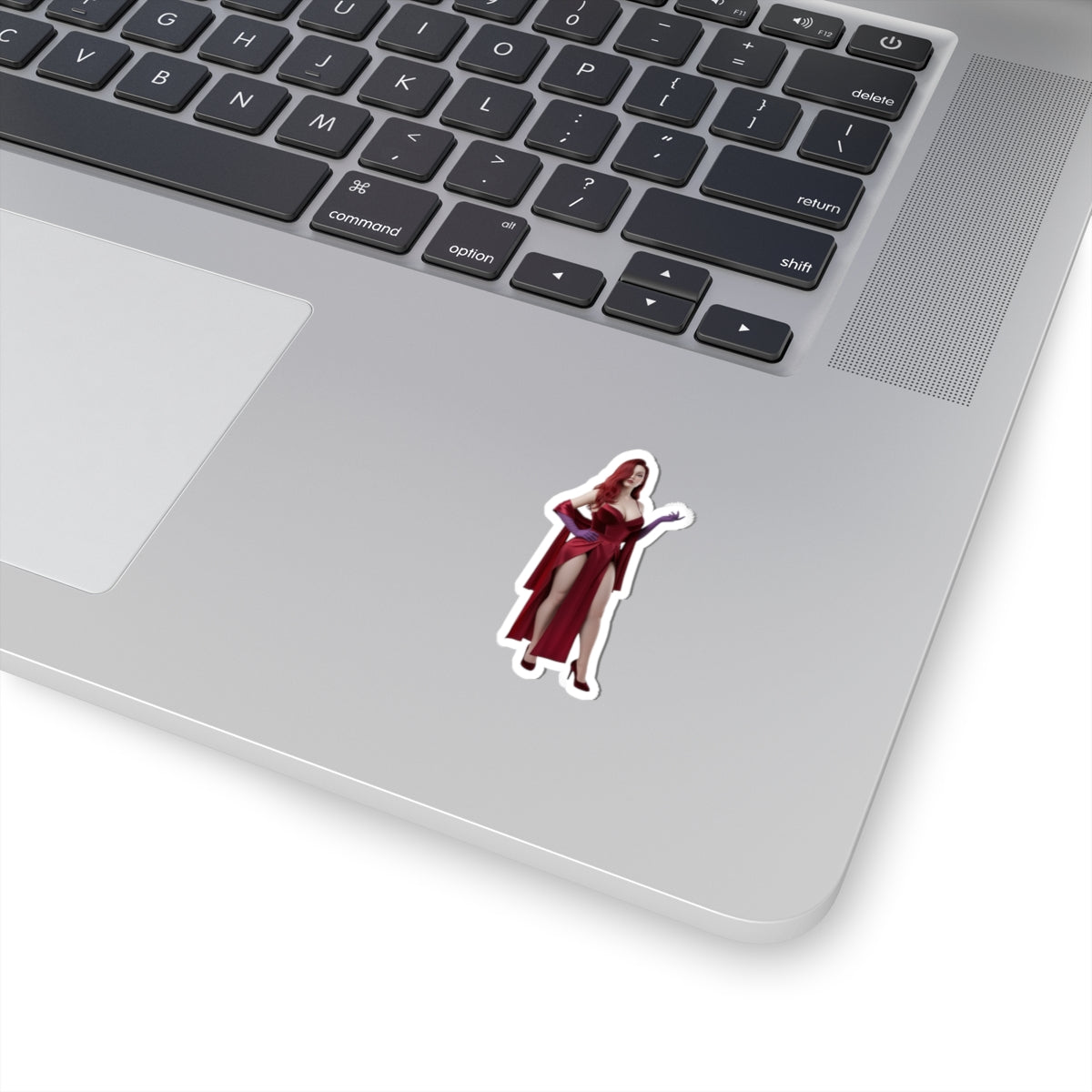 Jessica Rabbit Sticker – Iconic Cartoon Vinyl Sticker for Laptops & Indoor Decor on silver laptop showing glossy durable vinyl, bold red gown design