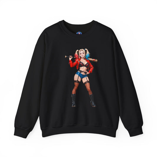 Harley Quinn Sweatshirt, Gotham Crewneck, Comic-Inspired Streetwear for Fans featuring bold dual-color Harley artwork on black crewneck
