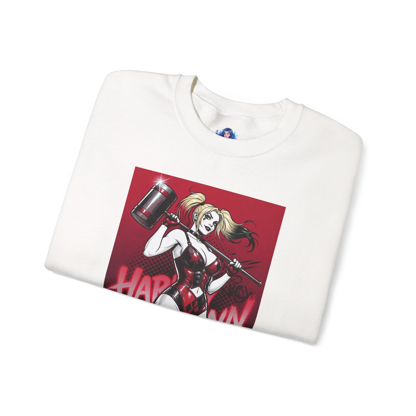Harley Quinn Sweatshirt, DC Comics Pop Art Style, Premium Fan Apparel — white crewneck with red-and-black anime Harley holding oversized hammer