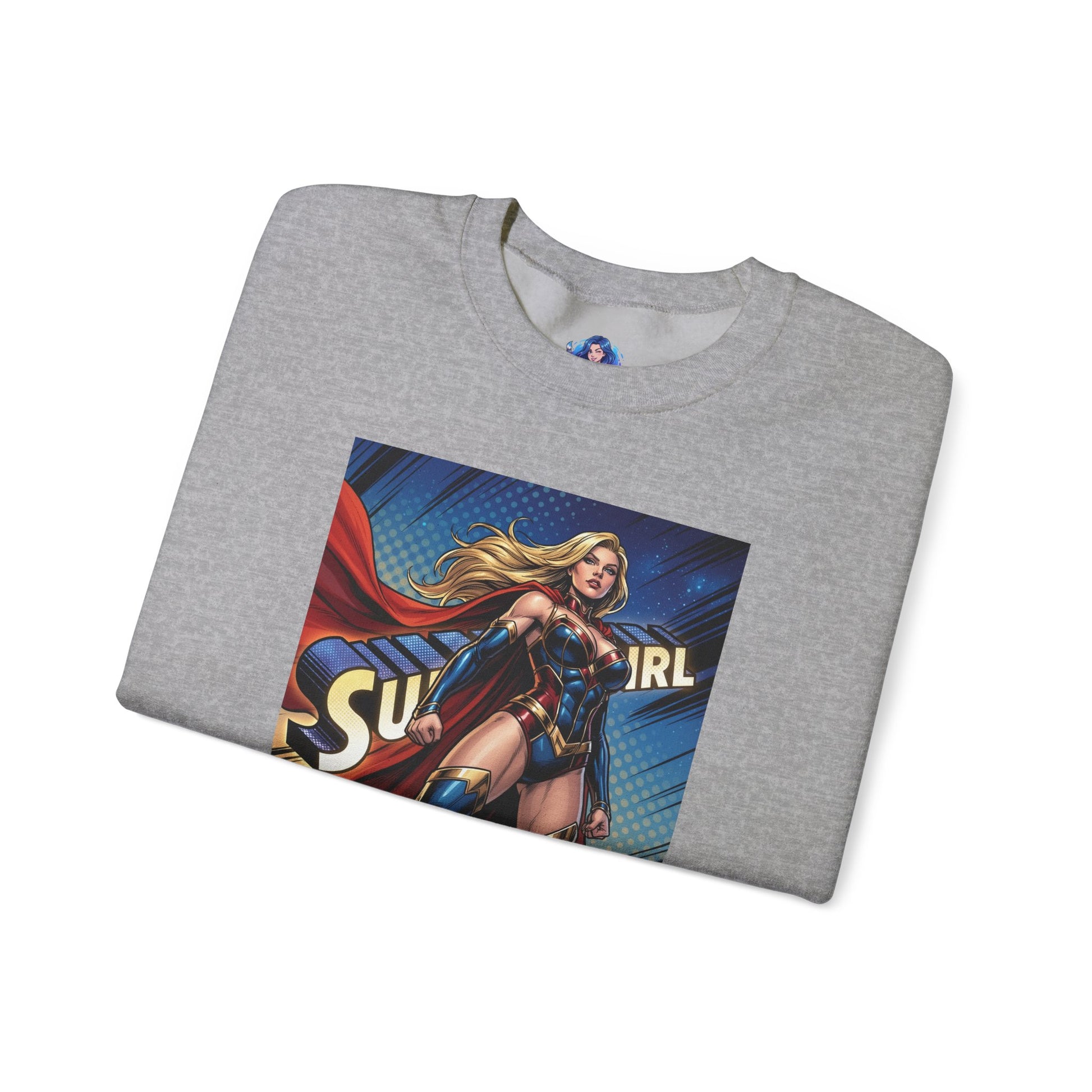 Supergirl Sweatshirt, DC Comics Crewneck, Iconic Superhero Fan Apparel - grey crewneck with bold comic-style Supergirl print