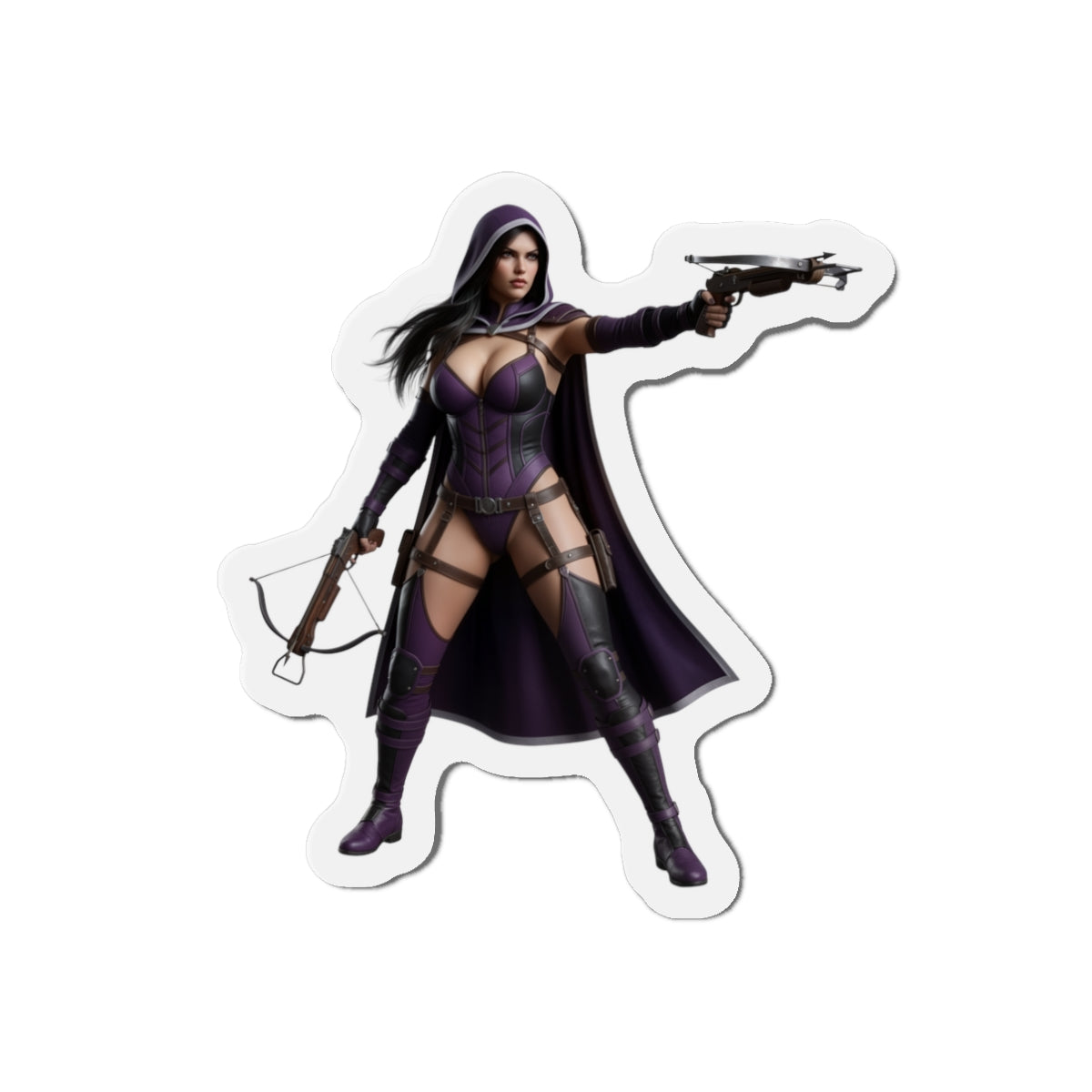 Huntress Magnet – DC Comic Heroine Fridge Magnet, Anime Style Decor: die-cut vinyl fridge magnet of Huntress in purple tactical anime-style pose