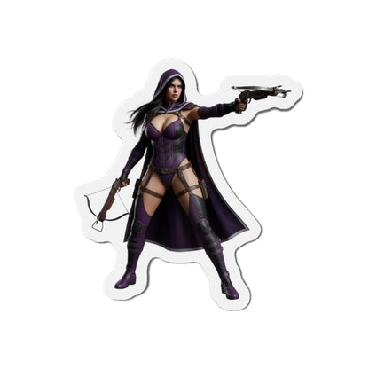 Huntress Magnet – DC Comic Heroine Fridge Magnet, Anime Style Decor: die-cut vinyl fridge magnet of Huntress in purple tactical anime-style pose