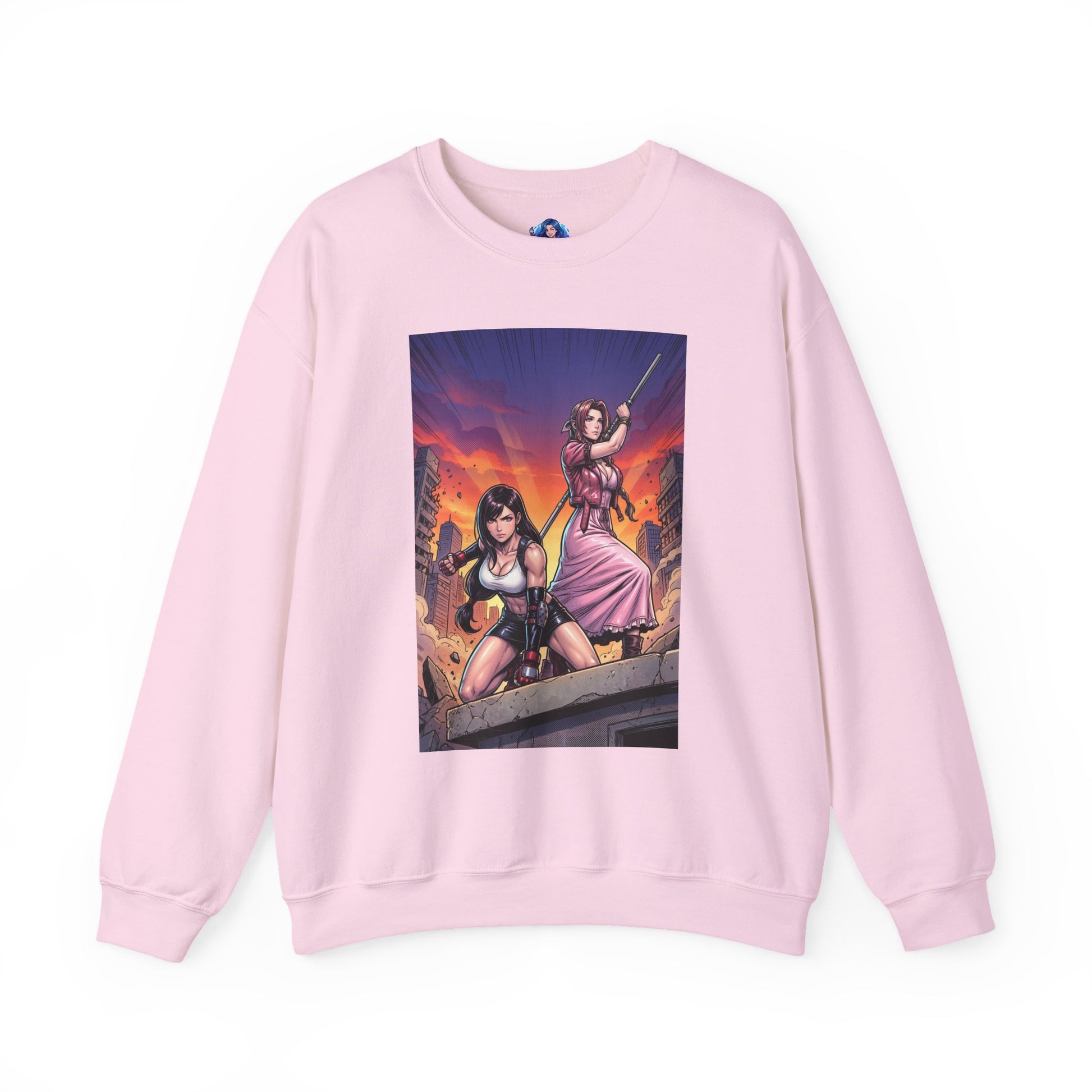 Tifa Lockhart & Aerith Gainsborough Sweatshirt, Game Character Art, Premium Fan Apparel - pink crewneck showing Tifa and Aerith battle-ready art