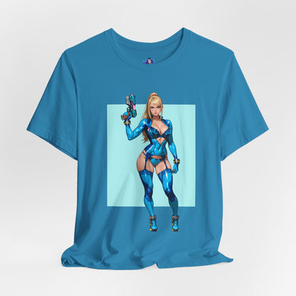 Samus Aran Grafik-T-Shirt | Sci-Fi-Kopfgeldjäger-T-Shirt für Gamer | Anime-Power-Armor-Shirt