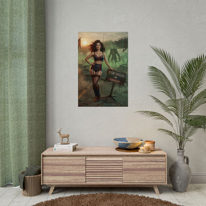 Fallout Pinup Queen Poster / Fallout Pinup Wall Art / Fallout Pinup Art Print / Fallout Poster - glamorous dominant pinup woman in wasteland New Vegas scene