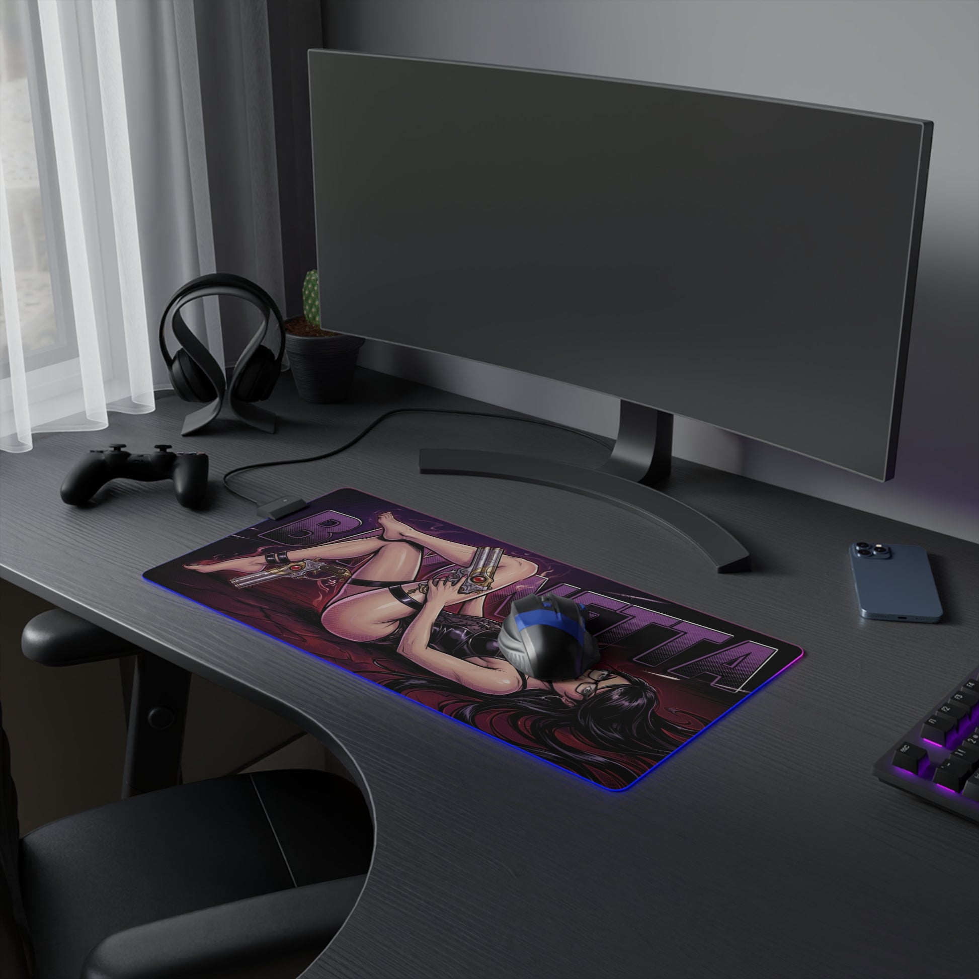 Bayonetta RGB Desk Mat, Action Game Gaming Mouse Pad, LED Desk Mat for Gamer Setup showcasing character artwork with RGB lighting on black gaming desk