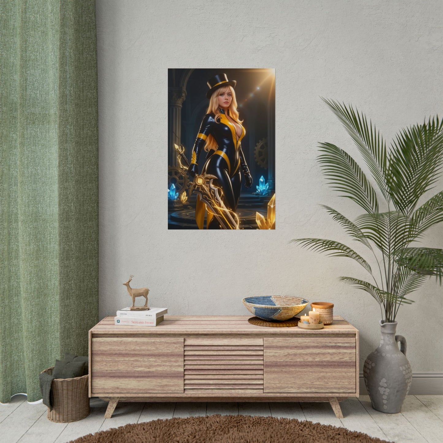 Navia Poster, Genshin Impact Art Print – Iconic Geo Heroine Wall Art showing elegant Navia character in gold-black armor on living room wall