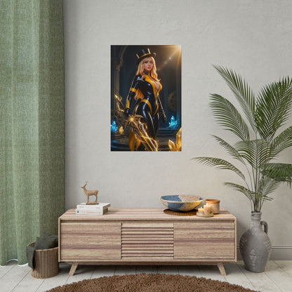 Navia Poster, Genshin Impact Art Print – Iconic Geo Heroine Wall Art showing elegant Navia character in gold-black armor on living room wall