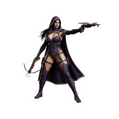Huntress Sticker – Comic Heroine Vinyl Sticker for Laptops & Indoor Decor showing a dark, vigilant comic-style heroine in purple costume with crossbow and pistol