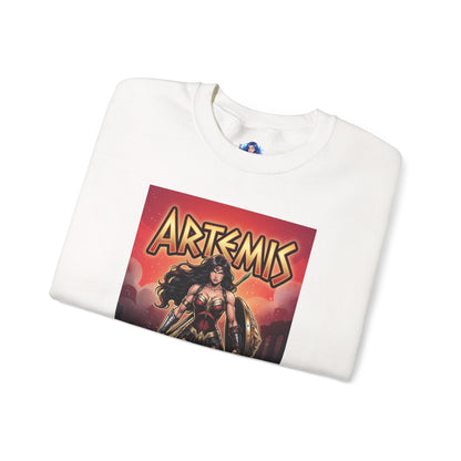 Artemis Sweatshirt, DC Comics Warrior Art, Premium Hero Apparel - folded white crewneck with battle-ready Artemis graphic