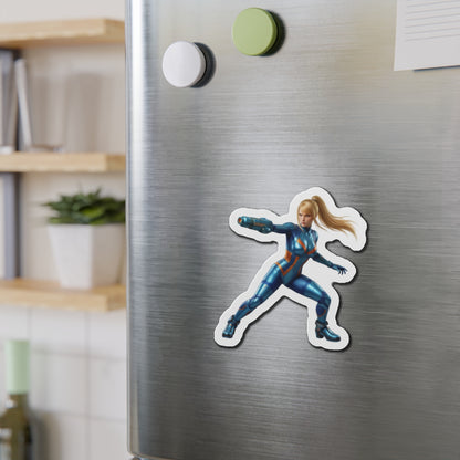 Samus Aran Magnet – Classic Sci-Fi Game Character Fridge Magnet, Decor on stainless fridge showing die-cut vinyl magnet of Samus in blue suit