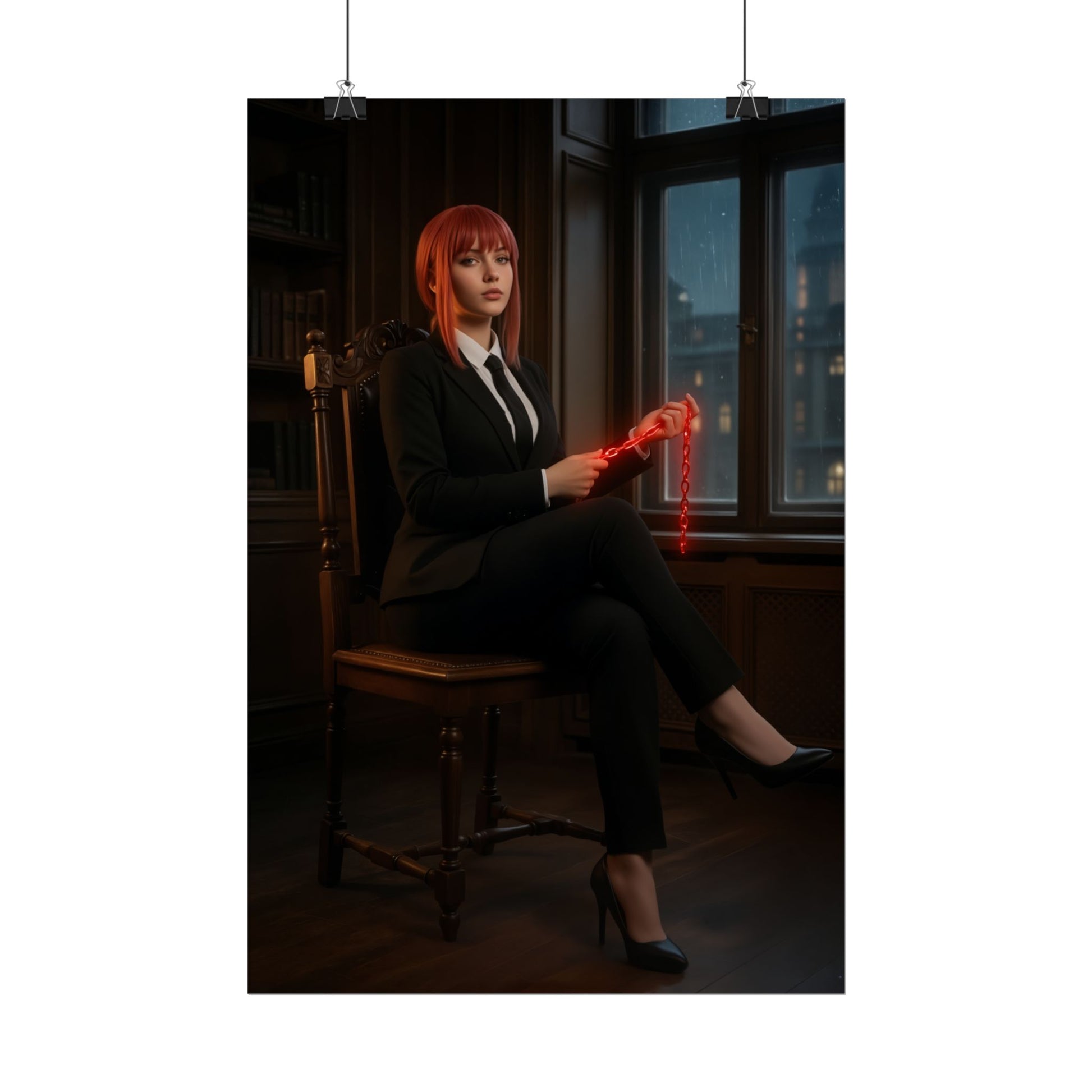 Makima Poster, Chainsaw Man Print, Iconic Anime Character Art — seated Makima in suit holding glowing red chain