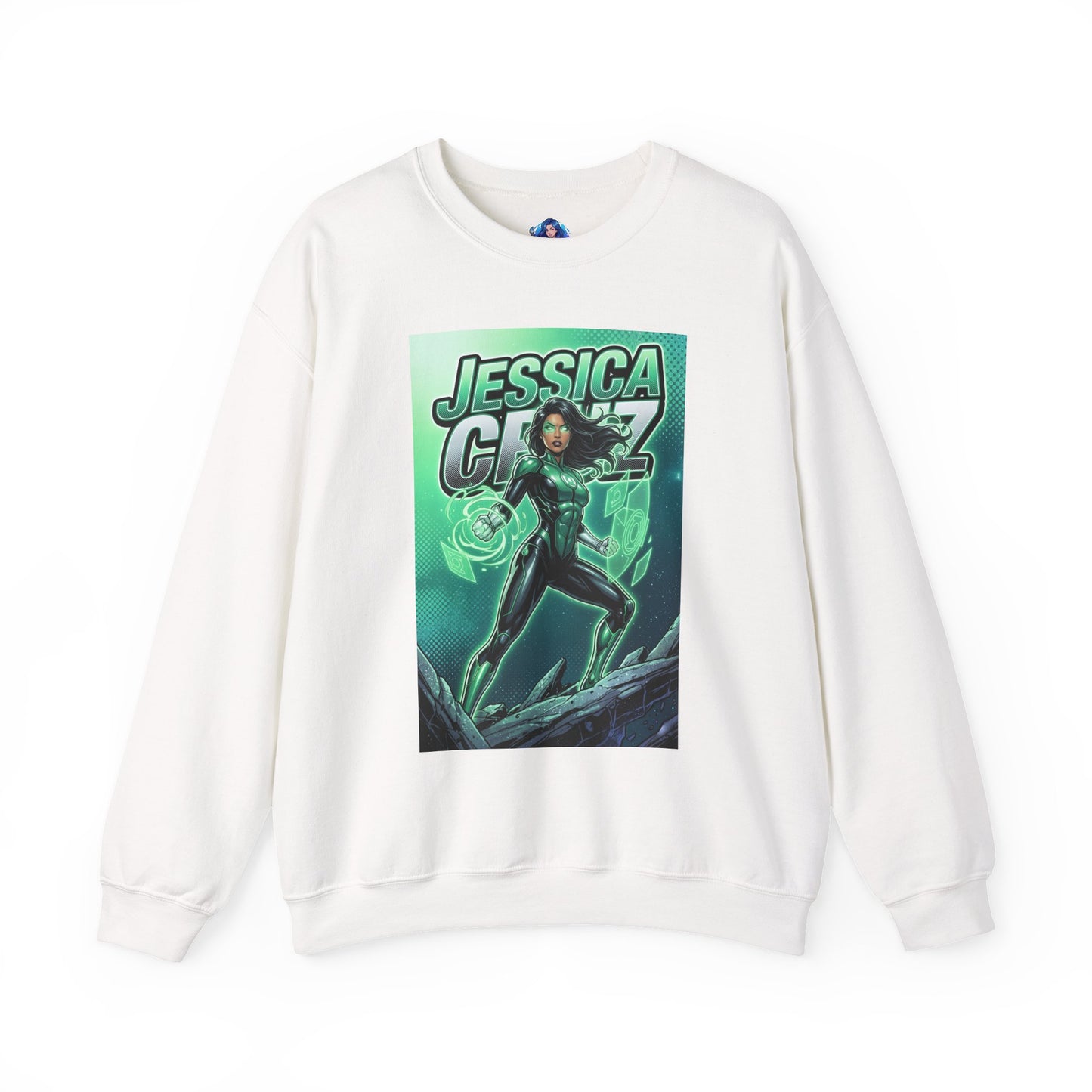 Jessica Cruz Sweatshirt, DC Comics Crewneck, Green Lantern Fan Apparel showing Jessica Cruz in glowing green suit on white crewneck