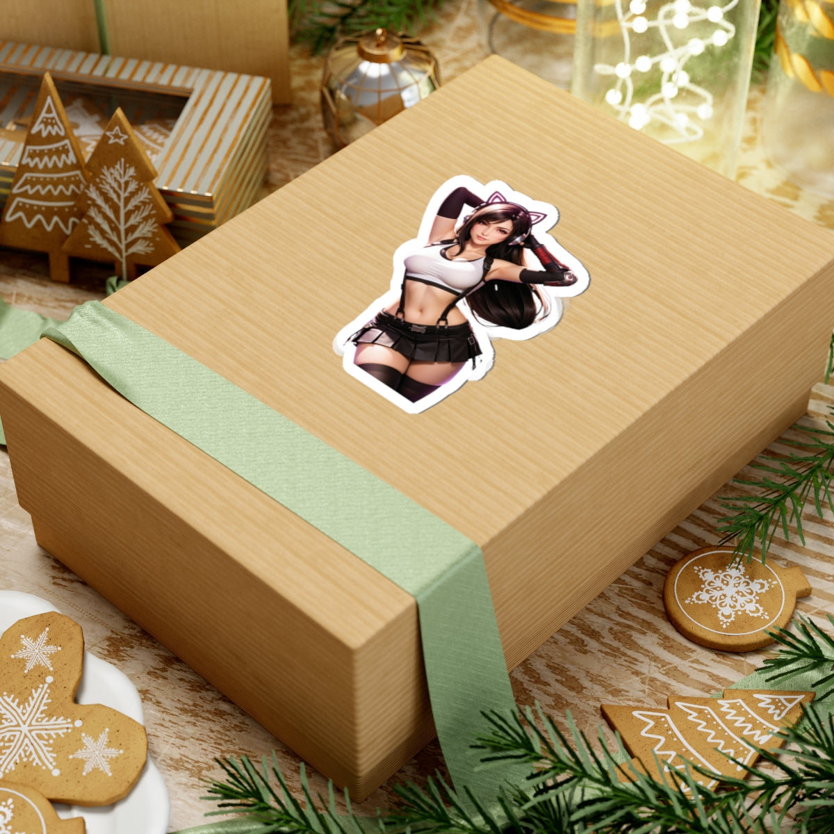 Tifa Lockhart Sticker – Fantasy Game Vinyl Sticker for Laptops & Indoor Decor on a wrapped gift box.