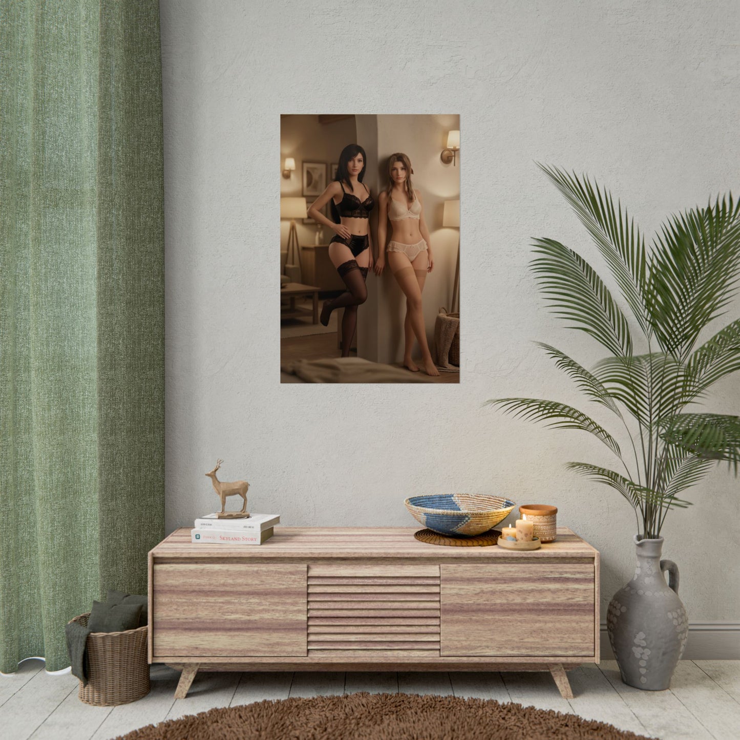 Tifa Aerith Poster, Final Fantasy VII Art Print – Collector RPG Wall Art hanging in minimalist gamer room with neutral decor